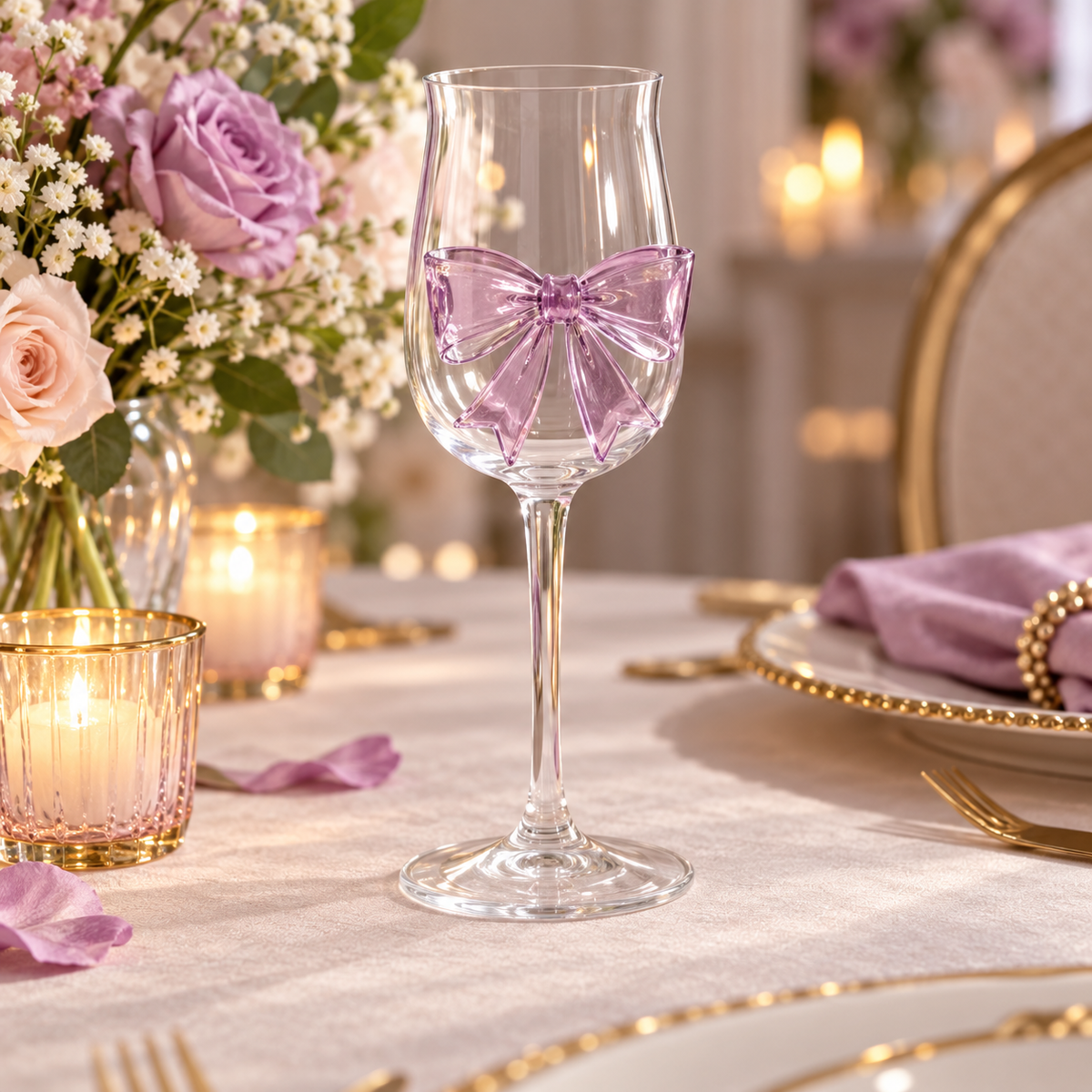 Clear stemmed glass with decorative purple bow