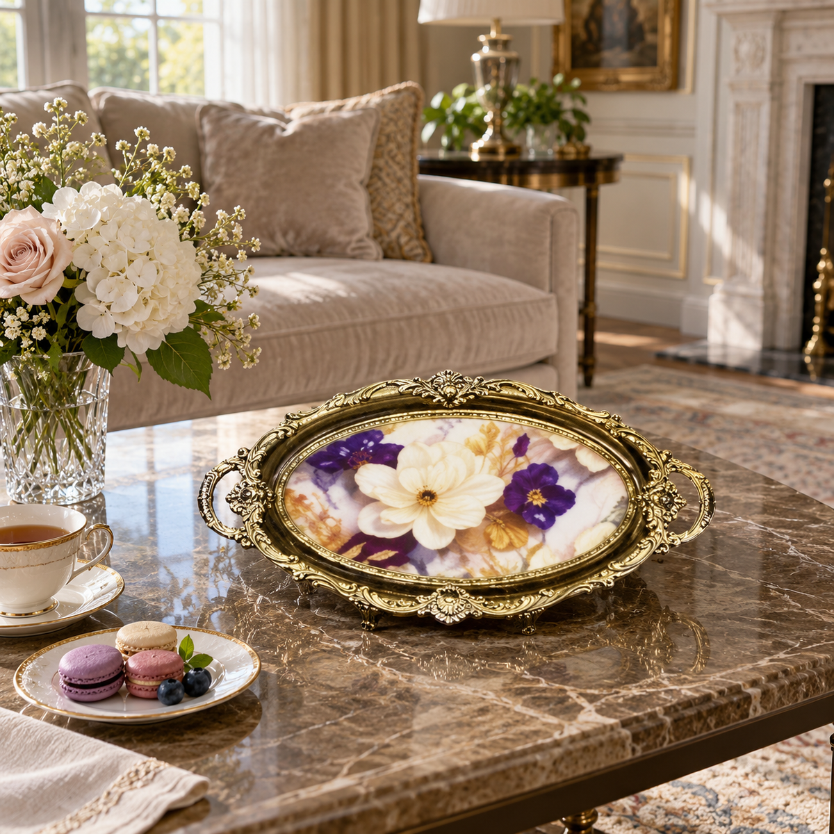 Purple floral oval serving tray