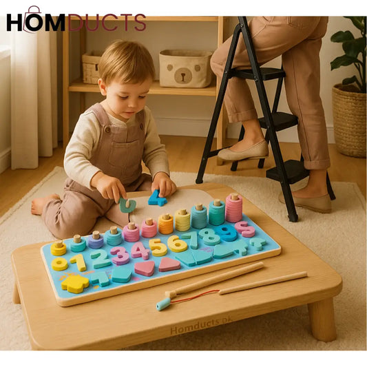 Rainbow Montessori 5-in-1 Wooden Learning Board – Shapes Numbers & Stacking Rings