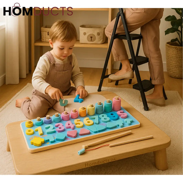 Rainbow Montessori 5-in-1 Wooden Learning Board – Shapes Numbers & Stacking Rings