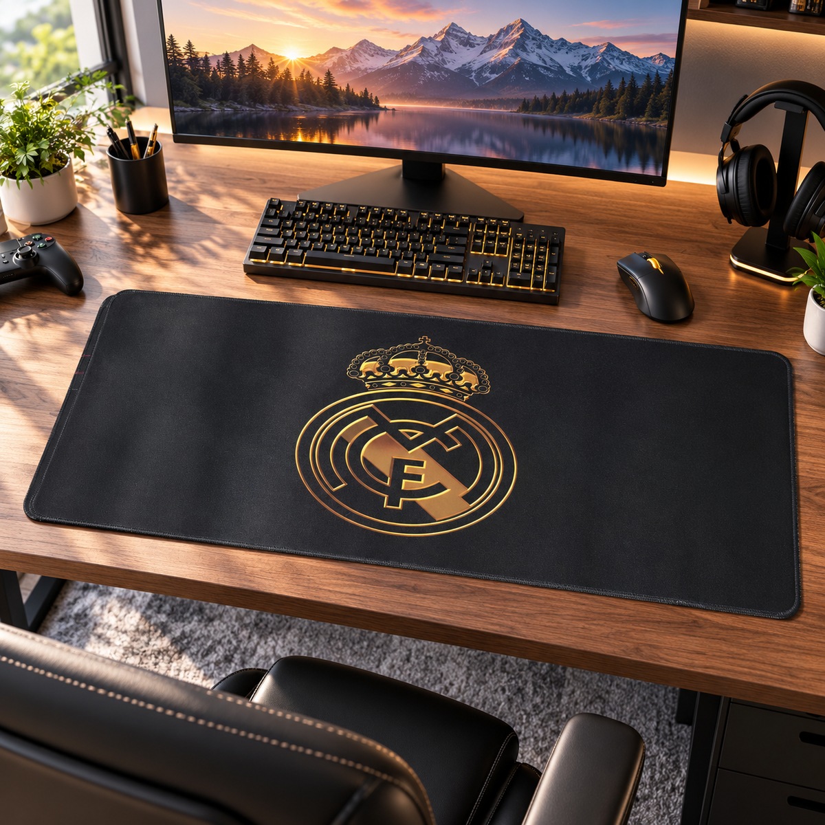 Black and gold Real Madrid extended mousepad on a desk