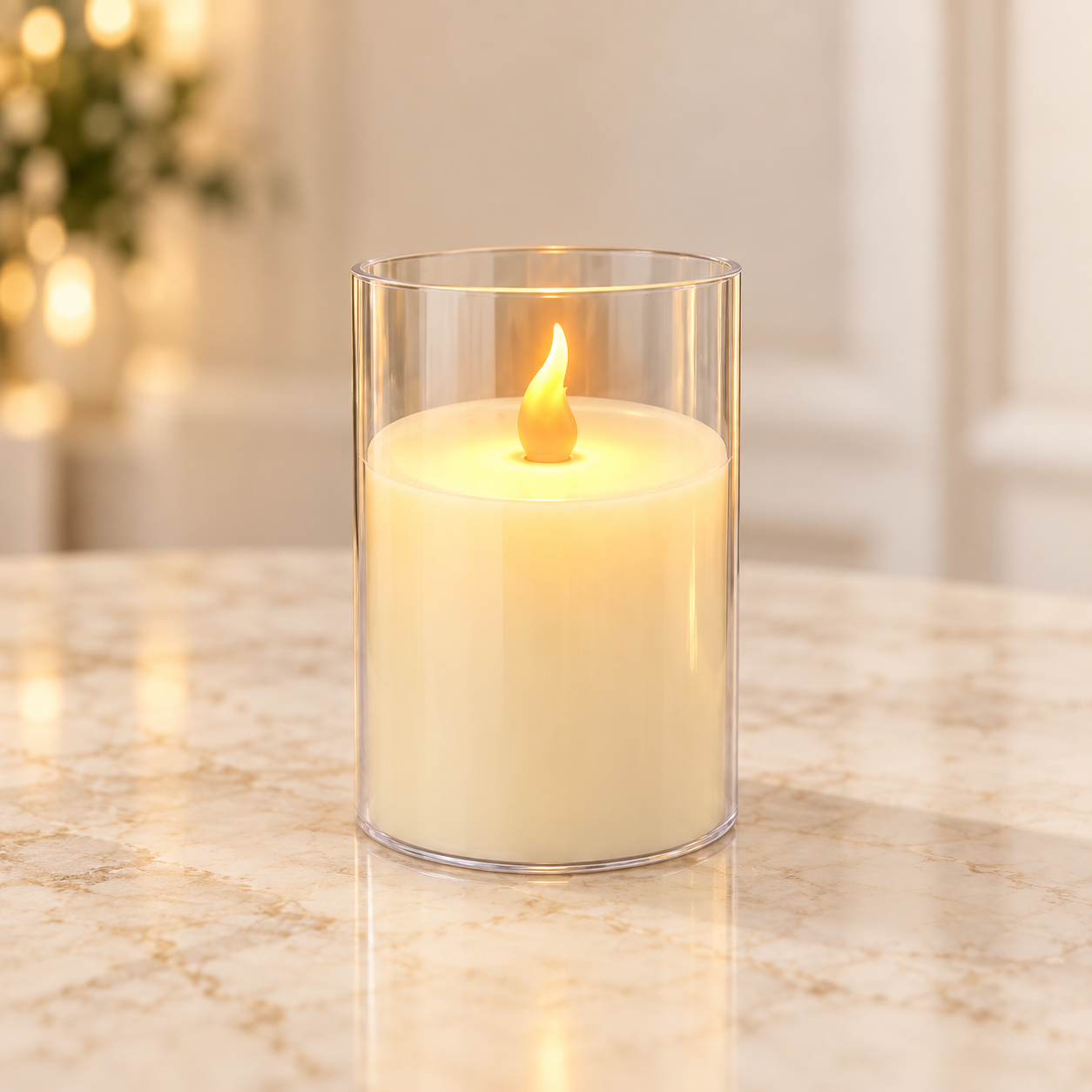 Ivory swing-flame LED pillar candle in a clear cylinder