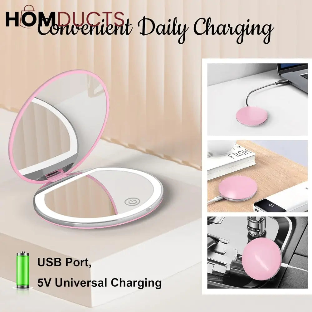 Rechargeable LED Lighted Compact Mirror – Portable Makeup Mirror with Double-Sided Magnification & USB Charging