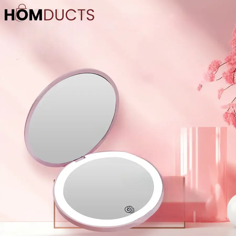 Rechargeable LED Lighted Compact Mirror – Portable Makeup Mirror with Double-Sided Magnification & USB Charging