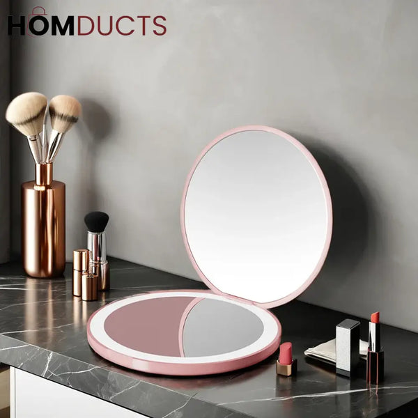 Rechargeable LED Lighted Compact Mirror – Portable Makeup Mirror with Double-Sided Magnification & USB Charging
