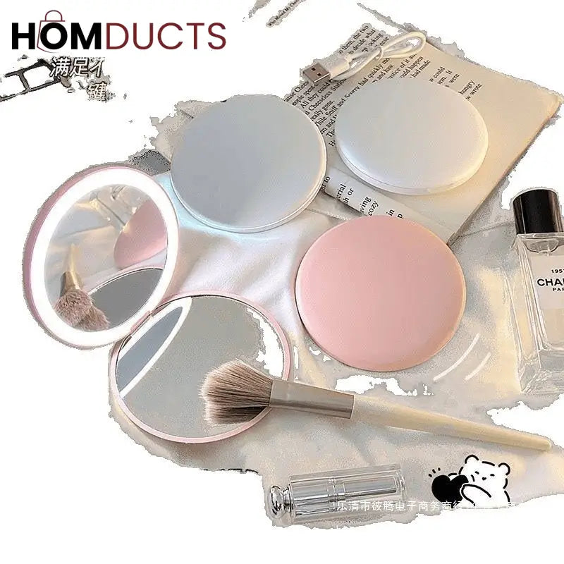 Rechargeable LED Lighted Compact Mirror – Portable Makeup Mirror with Double-Sided Magnification & USB Charging