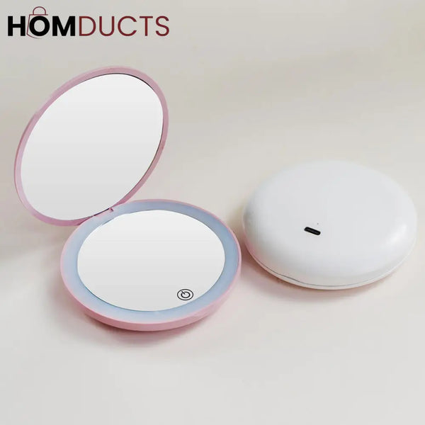 Rechargeable LED Lighted Compact Mirror – Portable Makeup Mirror with Double-Sided Magnification & USB Charging