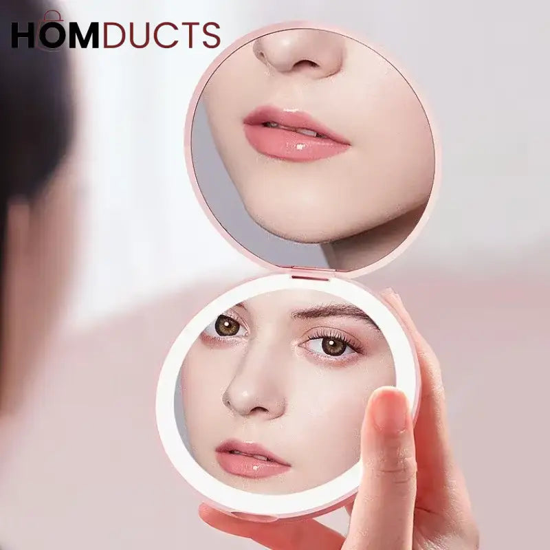 Rechargeable LED Lighted Compact Mirror – Portable Makeup Mirror with Double-Sided Magnification & USB Charging