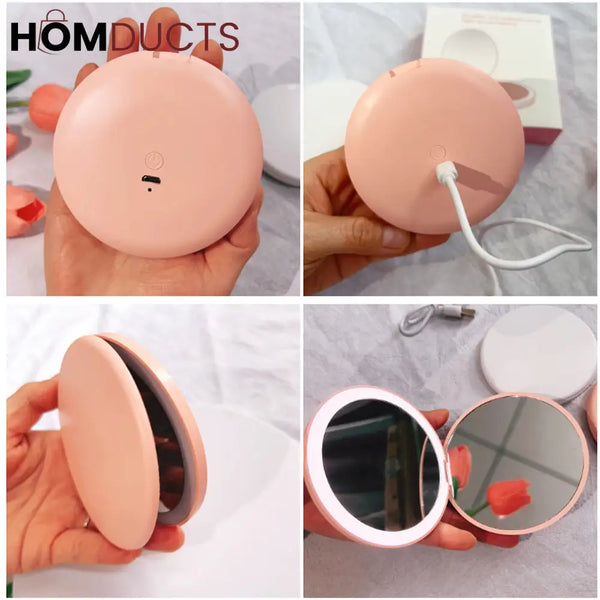 Rechargeable LED Lighted Compact Mirror – Portable Makeup Mirror with Double-Sided Magnification & USB Charging