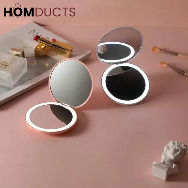 Rechargeable LED Lighted Compact Mirror – Portable Makeup Mirror with Double-Sided Magnification & USB Charging