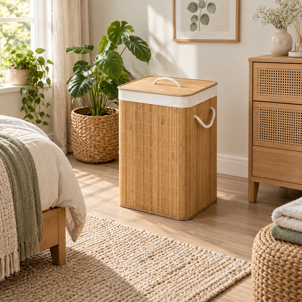 Rectangular bamboo laundry hamper with lid and rope handles