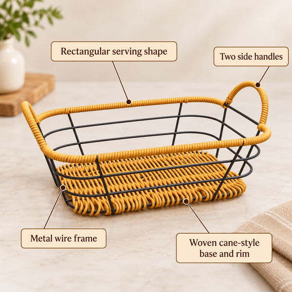 Rectangular Cane-Style Roti Serving Basket feature infographic