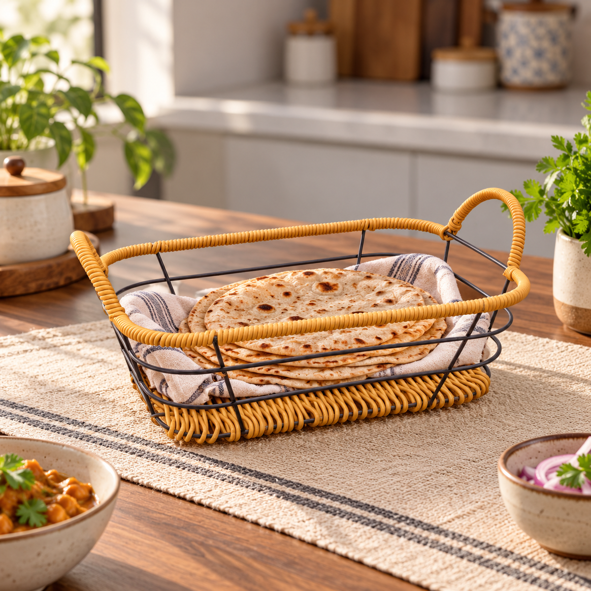 Rectangular Cane-Style Roti Serving Basket styled in a premium kitchen setting