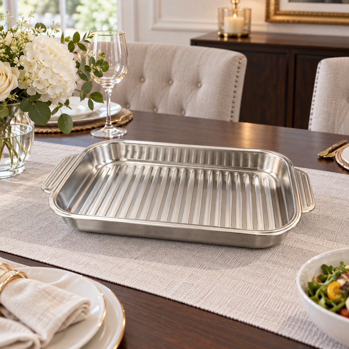 Rectangular metal serving dish without lid