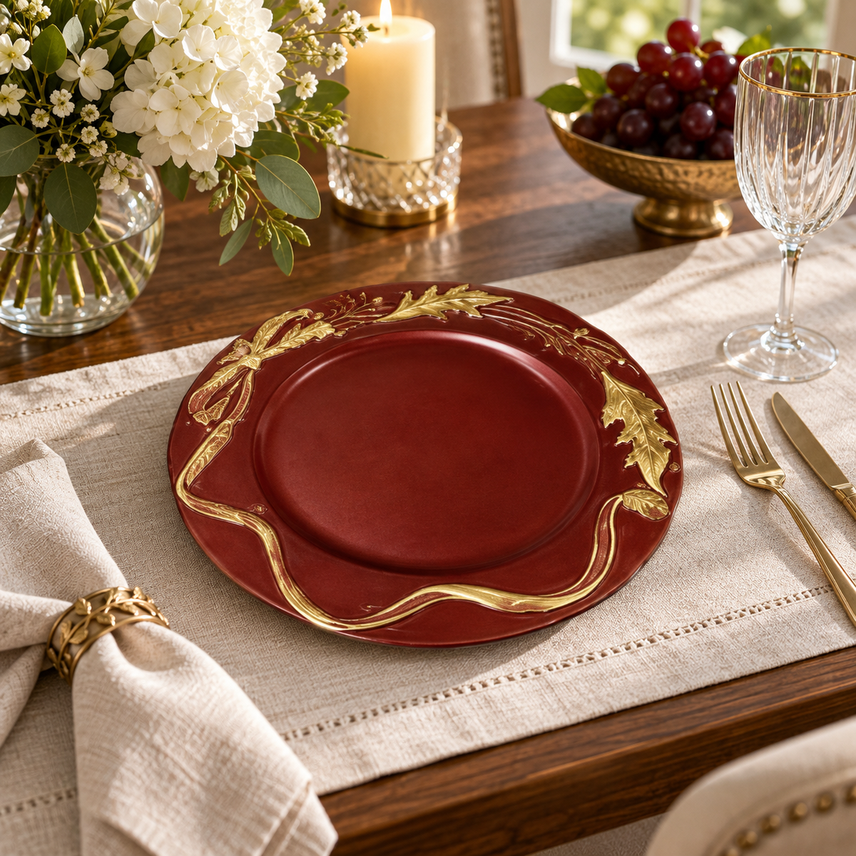 Luxury Red & Gold Decorative Charger Plate – Leaf Design Dinner Plate