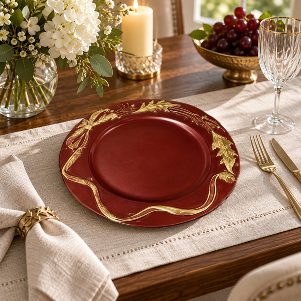 Luxury Red & Gold Decorative Charger Plate – Leaf Design Dinner Plate