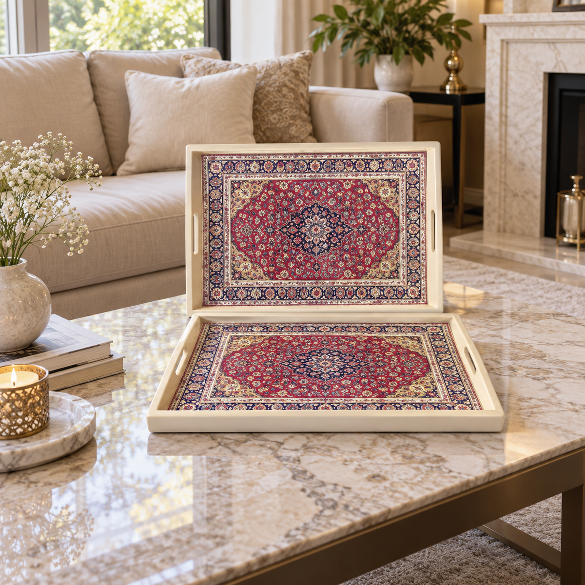Two piece traditional medallion serving tray set