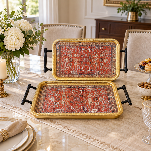 Red Persian pattern serving tray set with handles