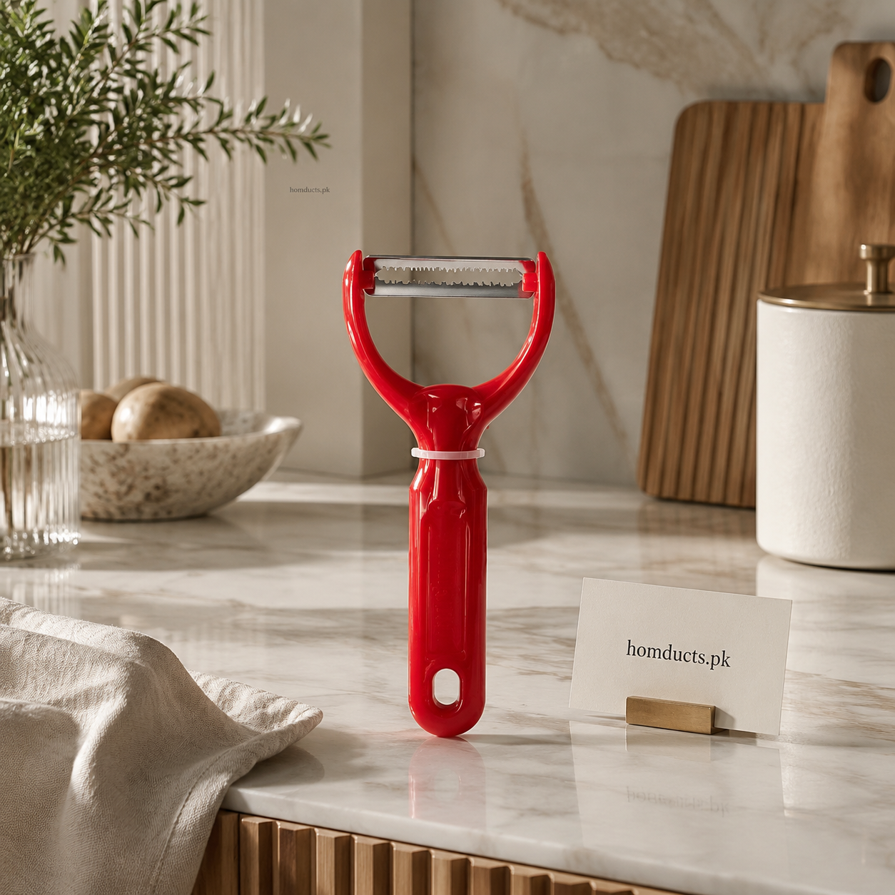Red serrated Y shaped vegetable peeler