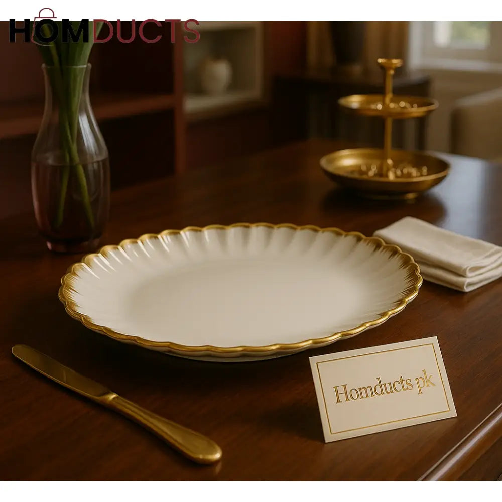 Regal Gold-Rimmed Ceramic Platter – Scalloped Edge Luxury Serving Dish