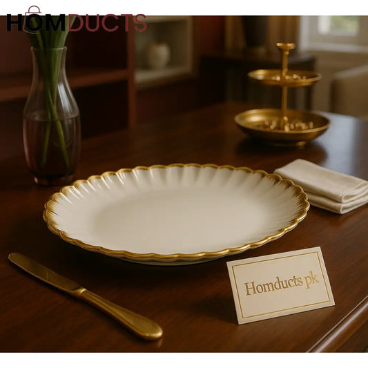 Regal Gold-Rimmed Ceramic Platter – Scalloped Edge Luxury Serving Dish