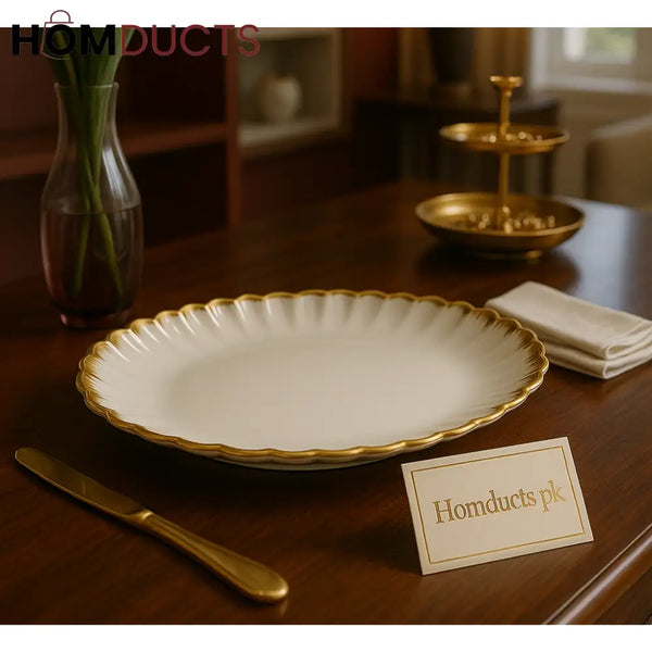 Regal Gold-Rimmed Ceramic Platter – Scalloped Edge Luxury Serving Dish