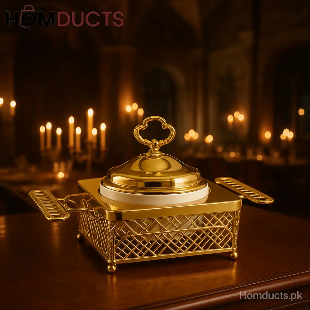 Regal Gold Square Chafing Dish with Ceramic Insert – Luxury Buffet Server