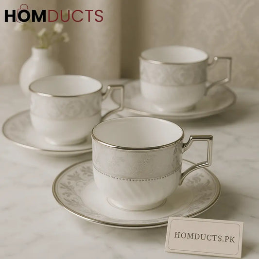 Regal Silver Lace Porcelain Teacup & Dessert Plate Set – 6 Pcs