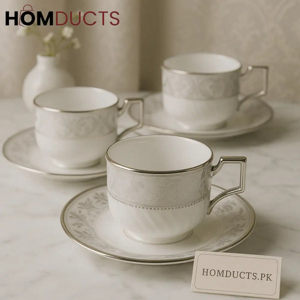 Regal Silver Lace Porcelain Teacup & Dessert Plate Set – 6 Pcs