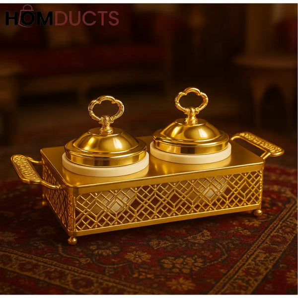Regal Twin Golden Serving Bowl Set with Ornate Handles – Luxury Condiment Server