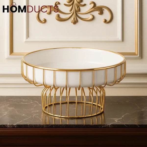 RegalGlow Ceramic Pedestal Bowl with Golden Cage Stand