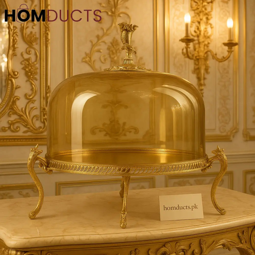 Regalia Amber Glass Cake Cloche with Ornate Gold Stand