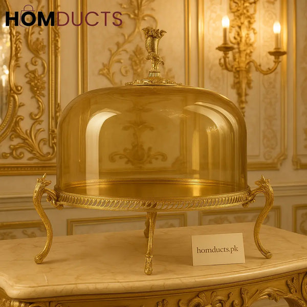 Regalia Amber Glass Cake Cloche with Ornate Gold Stand
