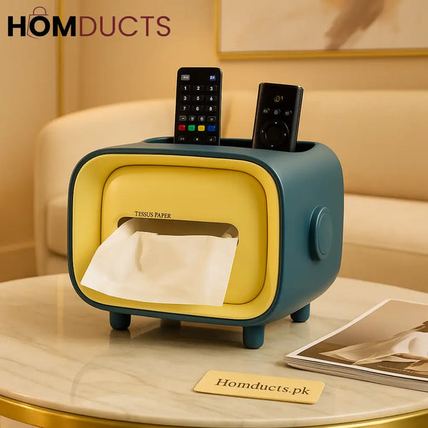 Retro TV Tissue Box with Remote Organizer – Dual-Compartment Desk & Sofa Storage