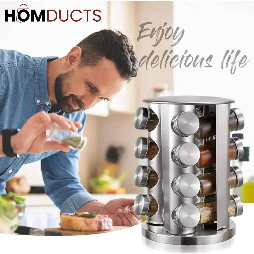 Revolving Stainless Steel Spice Rack 16Pcs