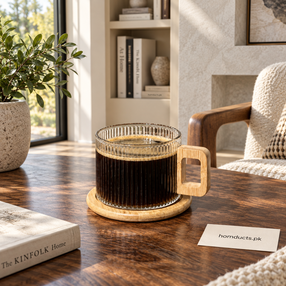 Ribbed glass coffee cup with square wooden handle and coaster