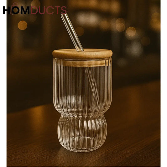 Ribbed Glass Tumbler with Bamboo Lid & Glass Straw – Aesthetic Reusable Cup for Coffee Tea & Cold Drinks