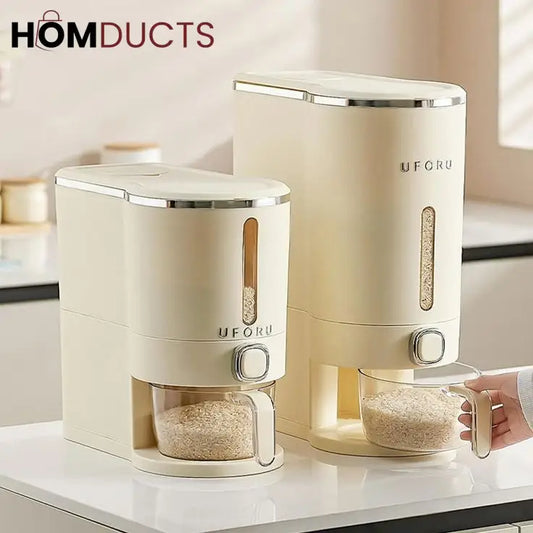 Rice Dispenser Container – Airtight Wall-Mounted Dry Food Storage with One-Touch Measuring Cup for Kitchen Pantry