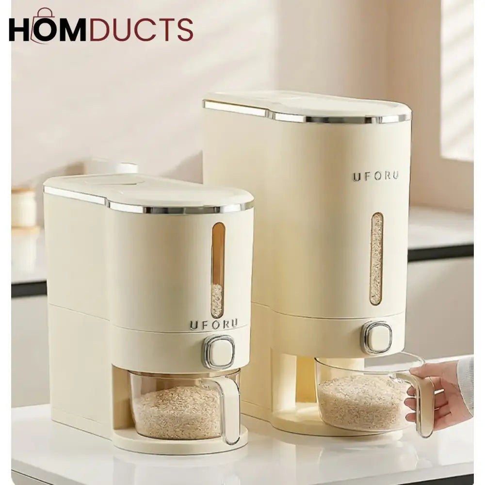 Rice Dispenser Container – Airtight Wall-Mounted Dry Food Storage with One-Touch Measuring Cup for Kitchen Pantry