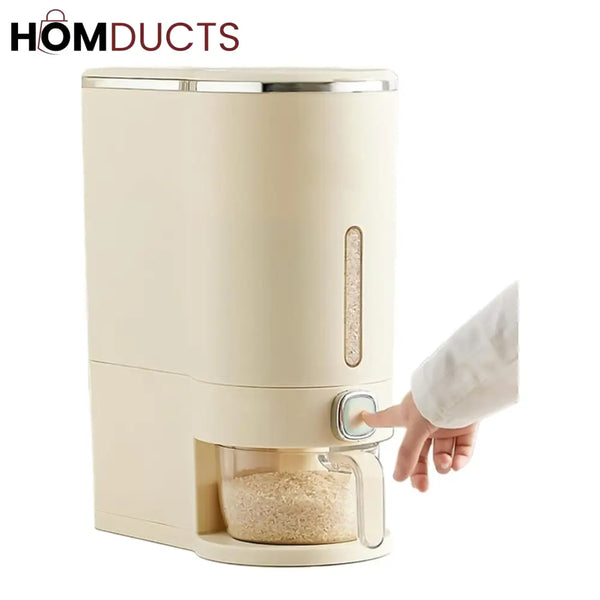 Rice Dispenser Container – Airtight Wall-Mounted Dry Food Storage with One-Touch Measuring Cup for Kitchen Pantry