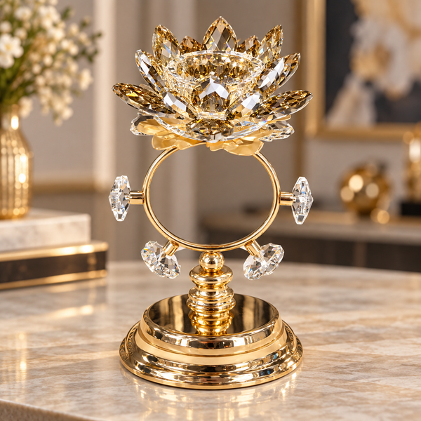 Gold ring crystal lotus candle holder