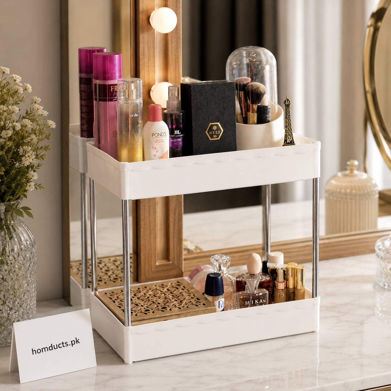 2-Tier Multipurpose Kitchen Countertop Organizer Rack with Side Hanging Cup – White