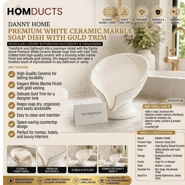 Danny Home Premium White Ceramic Marble Soap Dish with Gold Trim – Elegant Bathroom Accessory