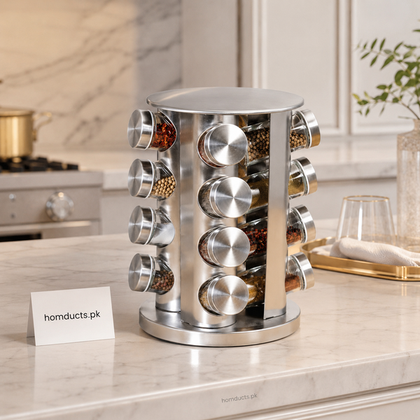 360° Rotating Stainless Steel Spice Rack with Glass Jars – Premium Kitchen Spice Organizer