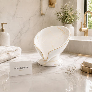 Danny Home Premium White Ceramic Marble Soap Dish with Gold Trim – Elegant Bathroom Accessory