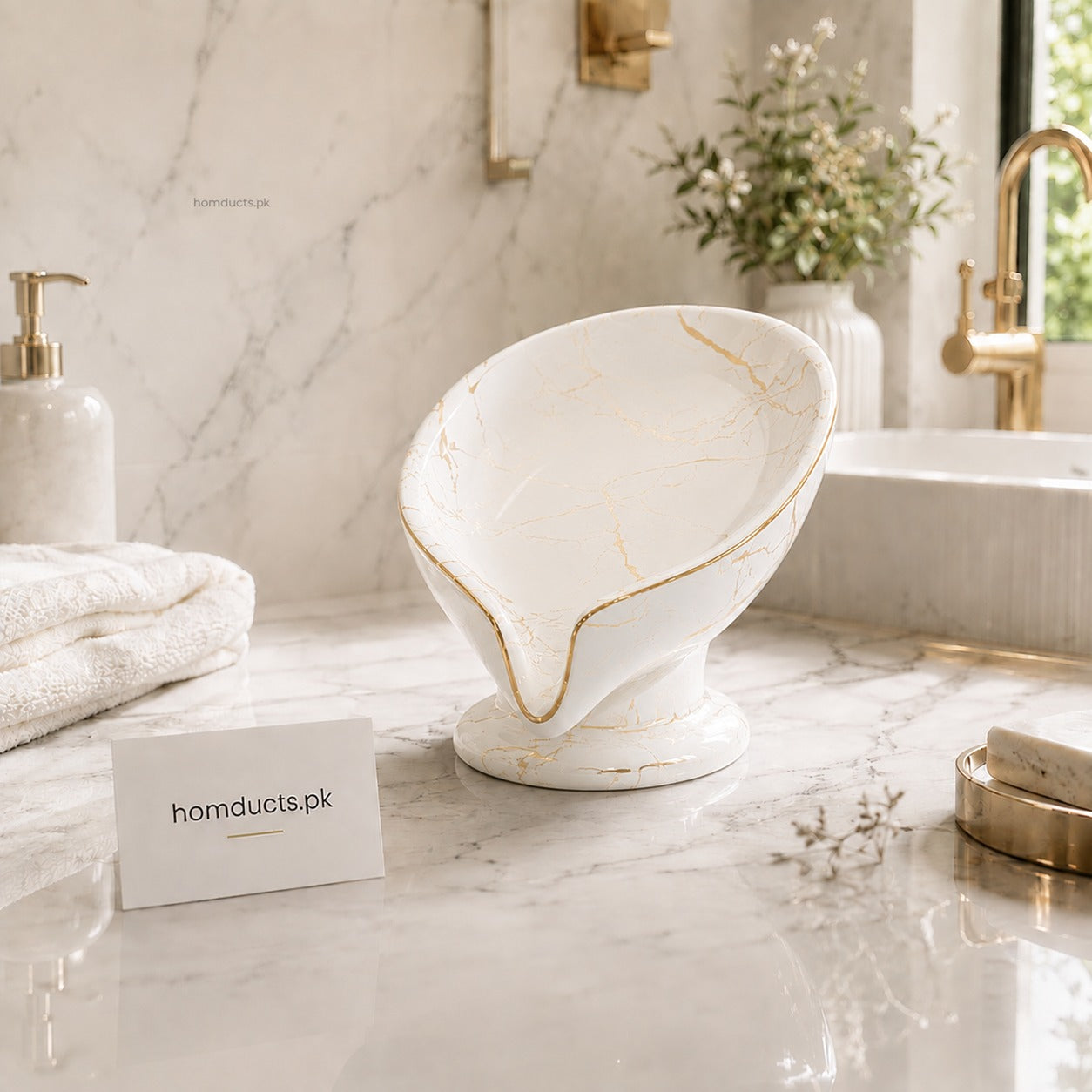 Danny Home Premium White Ceramic Marble Soap Dish with Gold Trim – Elegant Bathroom Accessory