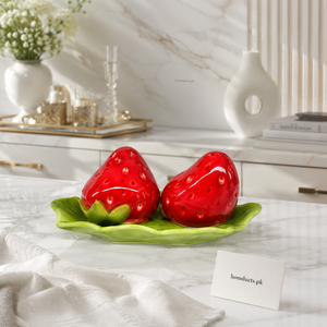 Danny Home Strawberry Ceramic Salt & Pepper Shaker Set with Leaf Tray | 3-Piece Decorative Porcelain Spice Dispenser for Kitchen & Dining Table