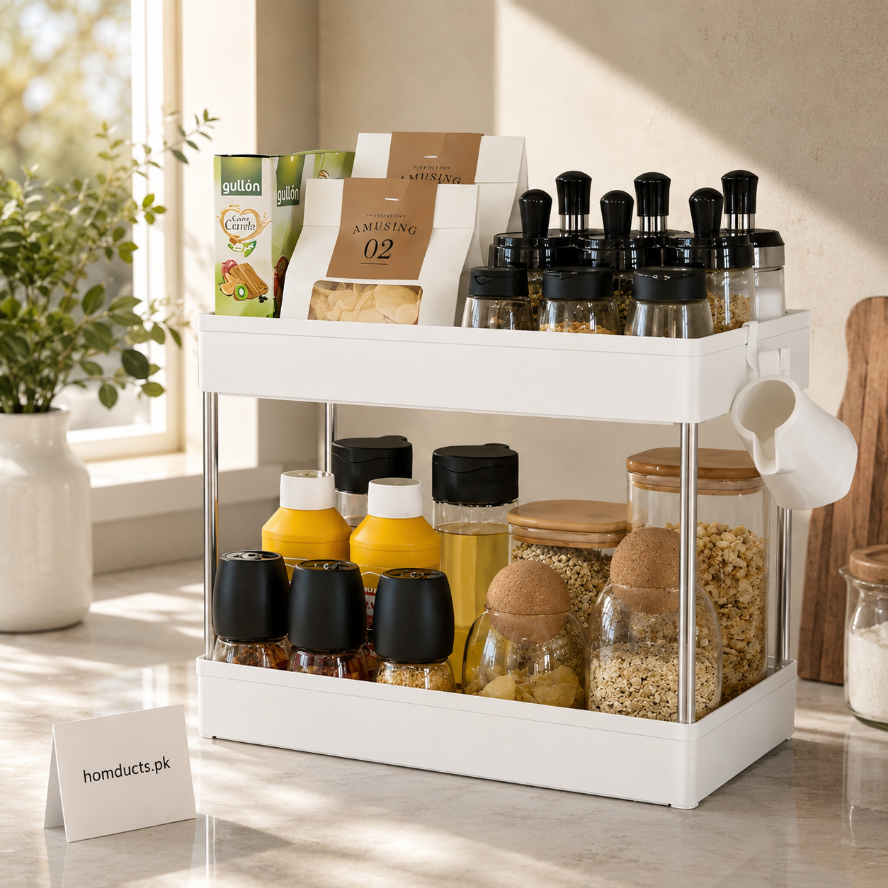 2-Tier Multipurpose Kitchen Countertop Organizer Rack with Side Hanging Cup – White