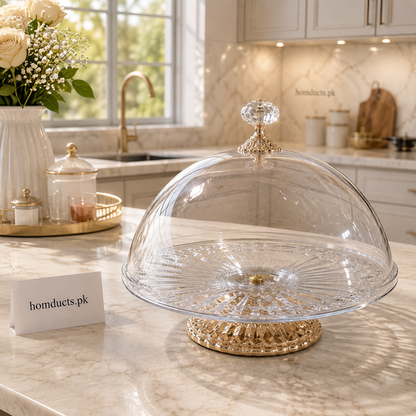 Luxury Crystal Clear Cake Stand with Dome Lid & Gold Base – Elegant Dessert & Serving Display