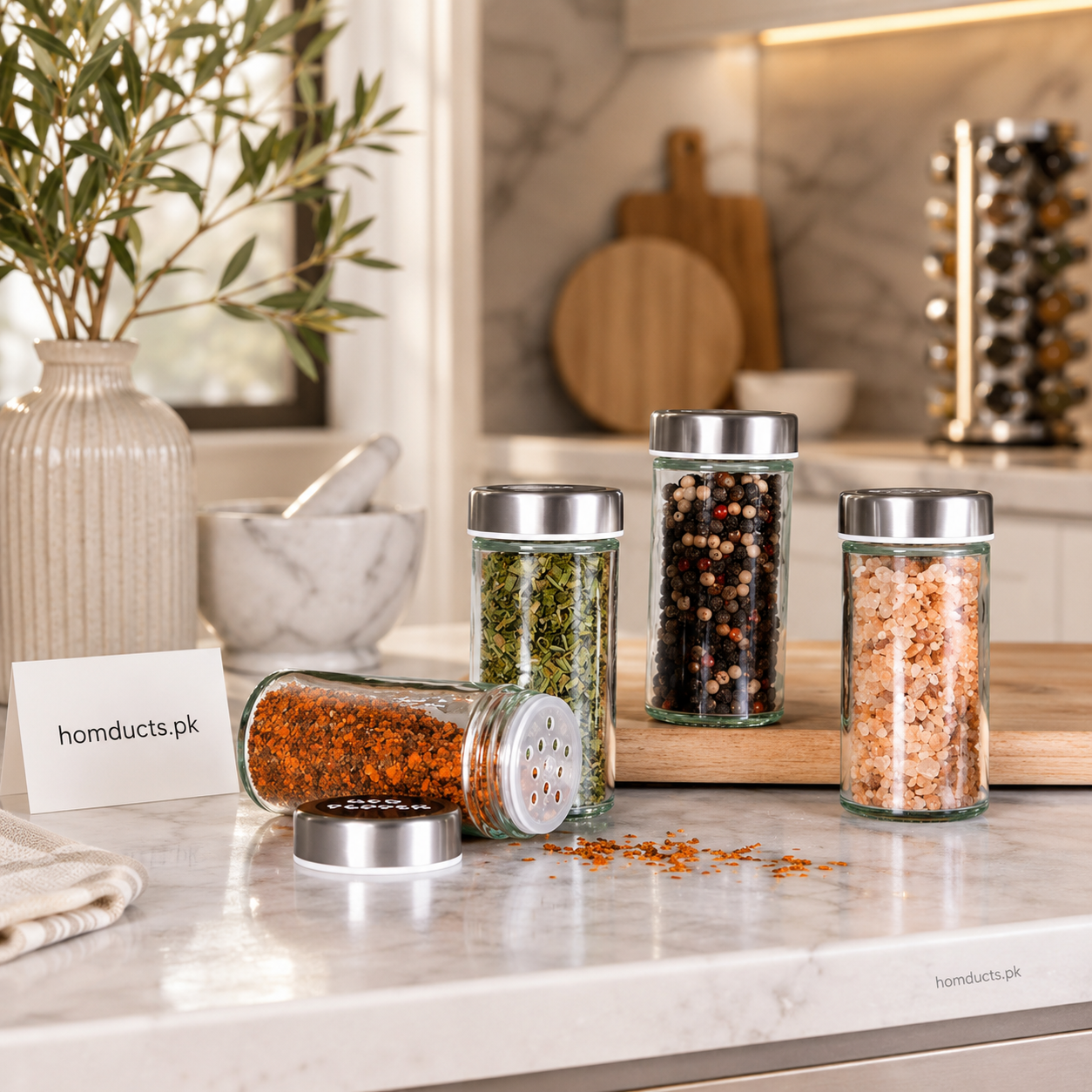 360° Rotating Stainless Steel Spice Rack with Glass Jars – Premium Kitchen Spice Organizer